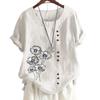 Womens Linen Cotton Casual Tee with 8 Classic Black and White Botanical Floral Patterns, Round Neck, Short Sleeves S-5XL