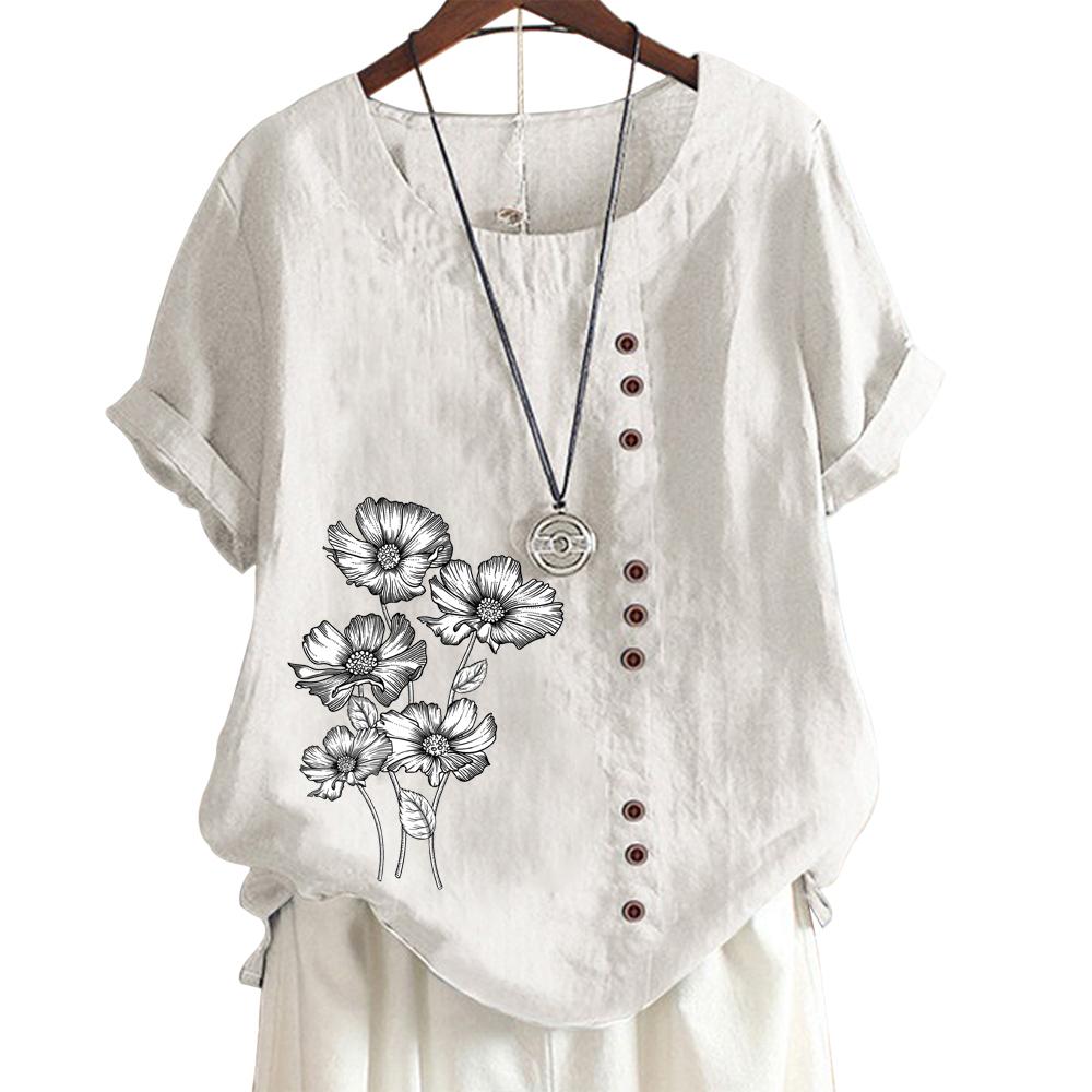 Womens Linen Cotton Casual Tee with 8 Classic Black and White Botanical Floral Patterns, Round Neck, Short Sleeves S-5XL