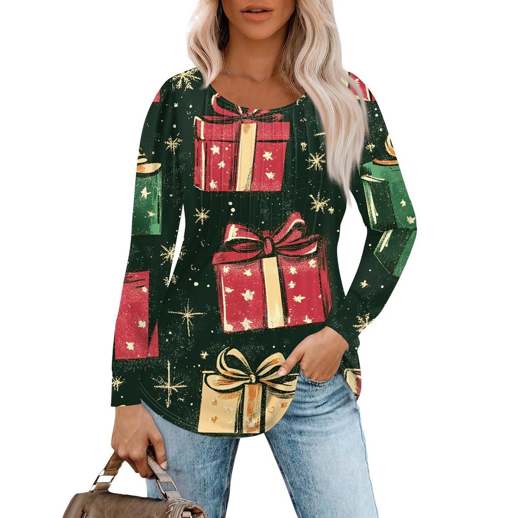 Женская повседневная футболка с круглым вырезом и длинными рукавами с рождественским принтом и складками