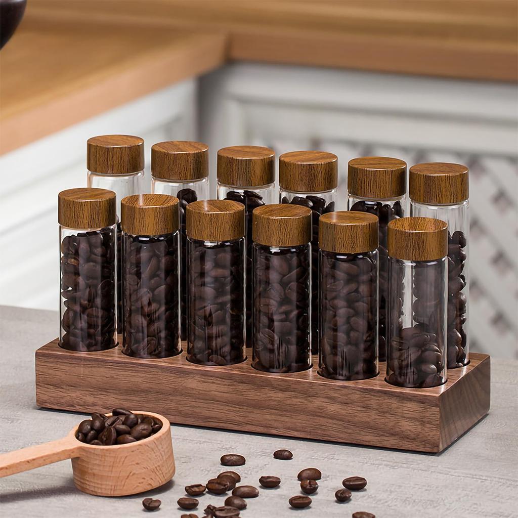 Leeseph Single Dose Coffee Bean Storage Tubes with Walnut Wood Display Stand and Funnel, Dosing Glass Vials with Lids, Best Gift