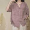 2025 Арт Ретро Летняя Тонкая Хлопково-Пеньковая Рубашка Женская Свободная Рубашка-Куртка с V-образным вырезом Повседневная Маленькая Рубашка