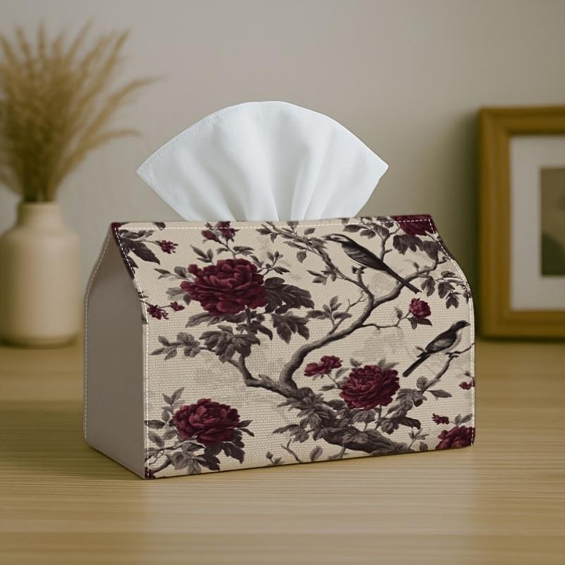1pc Tissue Box Holder Featuring a Classic Vintage Botanical Design with a Rose Floral Bird Pattern. It'S Elegant And Made of Durable Polyester, Perfec