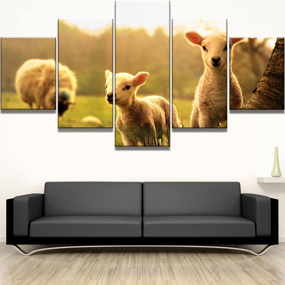 Paintings Canvas 5 Piece HD Print Large Sunset Flock Sheep Animal Decoration Wall Art for Home Decorations Wall Decor