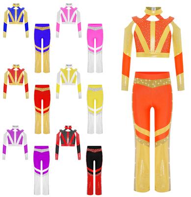 Наряд для гимнастики для девочек, кроп-топ с длинным рукавом и стразами, дизайн с вырезом на спине крест-накрест, расклешенные брюки, комплект для выступлений