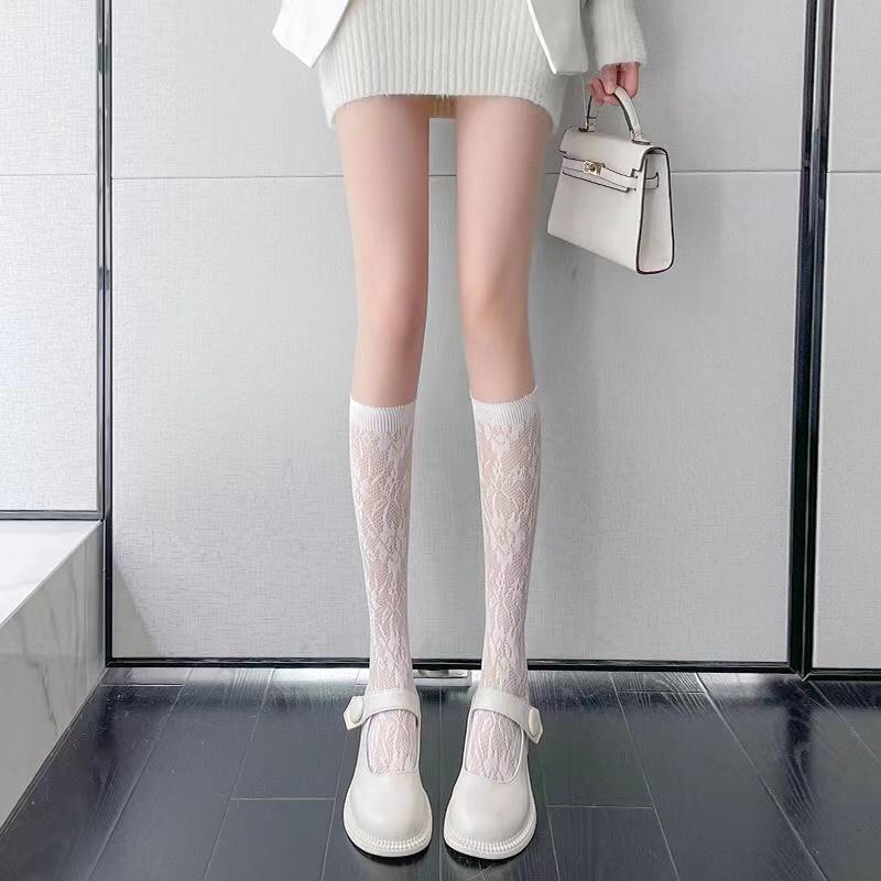 Women Sexy Floral Print Mesh Stockings Knee High Socks Soft Nylon Elastic Fishnet Fashion Long Leg Socks Designer Sheer Socks
