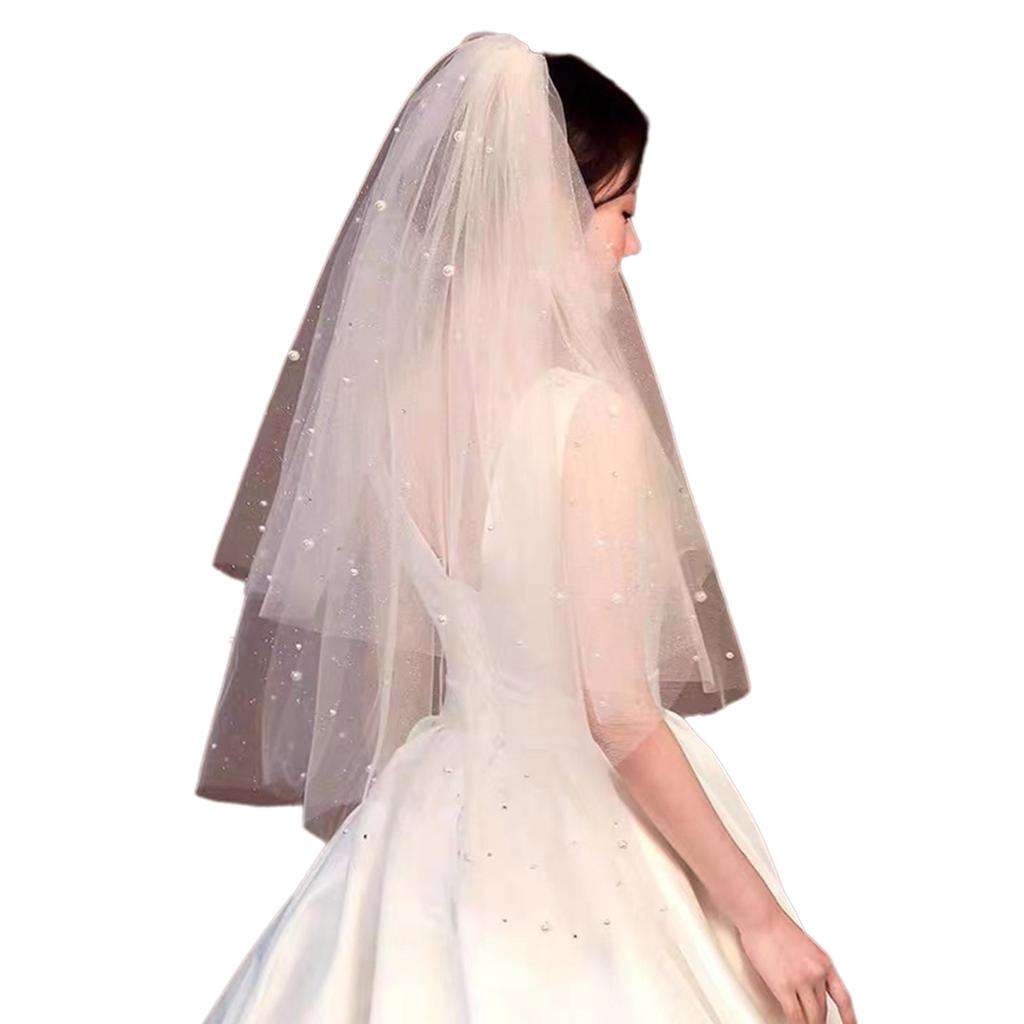 Elegant Bridal Lace Veil Women Pearl Tulle Bachelorette Party White Veil with Rhinestone for Wedding Performances