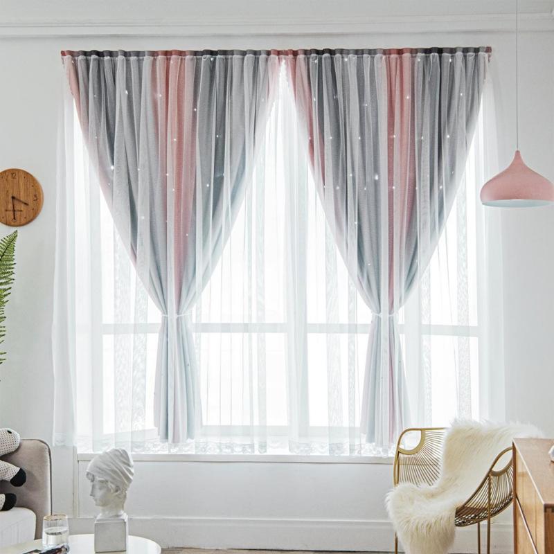 Bedroom Blackout Curtains with Magic Tape, Double Layer, No Drilling Installation, Hollow Star Gradient Bay Window Curtains
