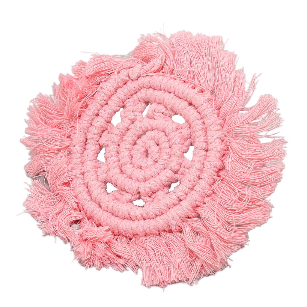 4pcs Cotton Thread Woven Drink Coasters with Tassel Round Pure Color Elegant   Lipstick Pot Pads Mats