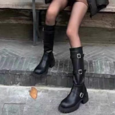 Модные женские ботфорты Новые осенние туфли на массивном каблуке с ремешком и пряжкой для женщин, уличные платья, женские ботфорты-жокейские сапоги до бедра, Zapatos