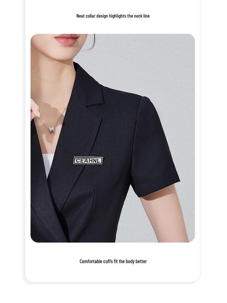 Женский черный профессиональный костюм с коротким рукавом для летнего приема и рабочей одежды