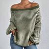 Women's Fall/Winter Loose One-line Shoulder Off-the-shoulder Knit Vintage Lantern Sleeve Striped Sweater