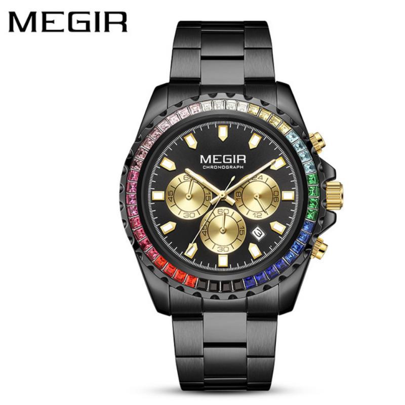 MEGIR Fashion Diamond Inlaid Rainbow Dial Watches Waterproof Luminous Calendar Multifunctional Quartz Watches