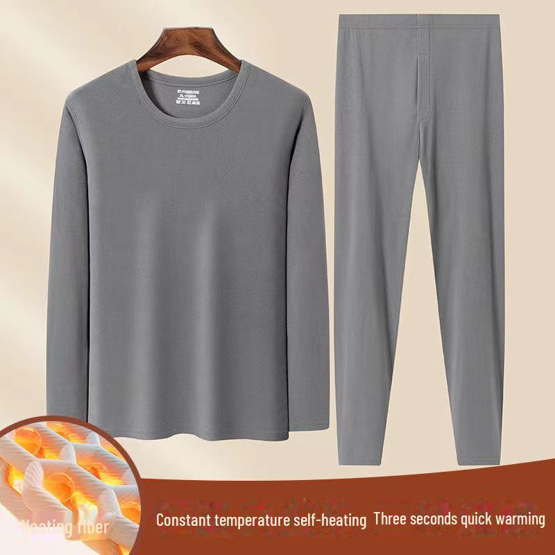 Мужское термобелье: Самосогревающийся костюм из утолщенного немецкого бархата с круглым вырезом для осени и зимы, идеально подходит для людей среднего и пожилого возраста.