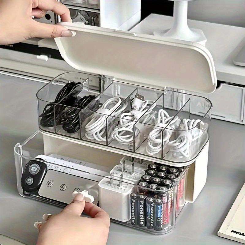 Double-Layer Transparent Desktop Cable Organizer Box - Compact Cord & Charger Storage Solution for Home Office