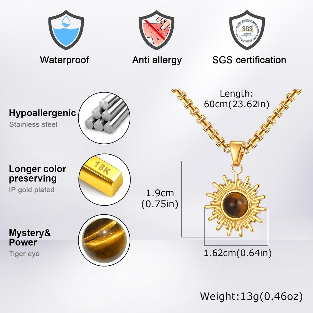 Fashion Sun Tiger Eye Nature Stone Pendant Necklace for Men, Silver Color Stainless Steel Necklace, Punk Personalized Jewelry