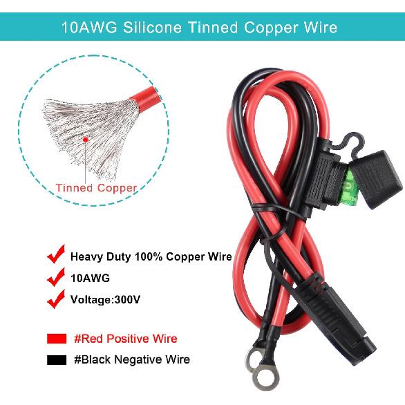 [5 Pack] 2FT SAE To O Ring Terminal Harness 10AWG - Eyelet O-Ring Terminal 10Gauge Harness With 30A Fuse,Battery Trickle Charger Cable For