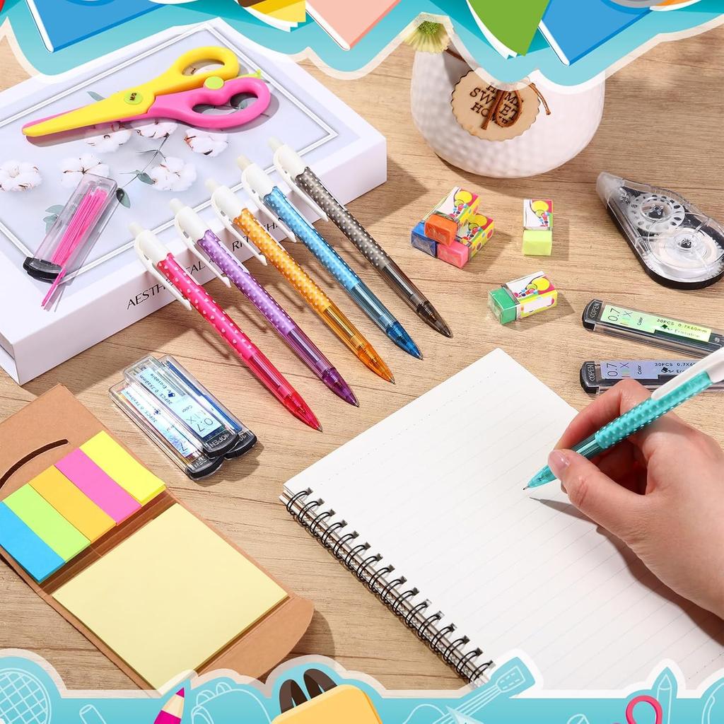 Набор цветных механических карандашей 18 шт., 0,7 мм. Набор для школы. Включает цветные стержни для механических карандашей, ластики, липкие заметки, канцелярские принадлежности