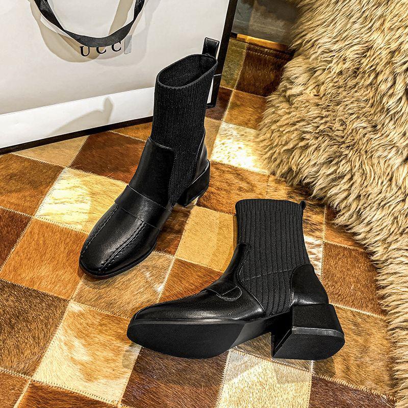 Elastic Socks and Boots Women's New Versatile Thick Heel Mid Heel Slim Boots
