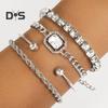 4 Pcs Rhinestone Bracelets for Women Multiple Layered Stackable Bracelet Open Cuff Wrap Bangle Adjustable Link Cuban Punk Jewelry for Women Girls Gift