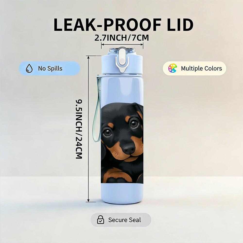 1PC Black Rottweiler Dog Head Print 750ml Color Plastic Sports Water Bottle Leakproof Flip Straw Lid Suitable for Sports Office Home Use