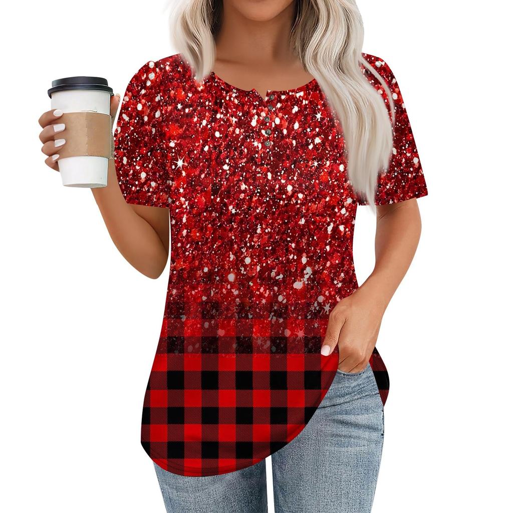 Women's Fashionable Casual Short Sleeve Button Print Round Neck Pullover Top