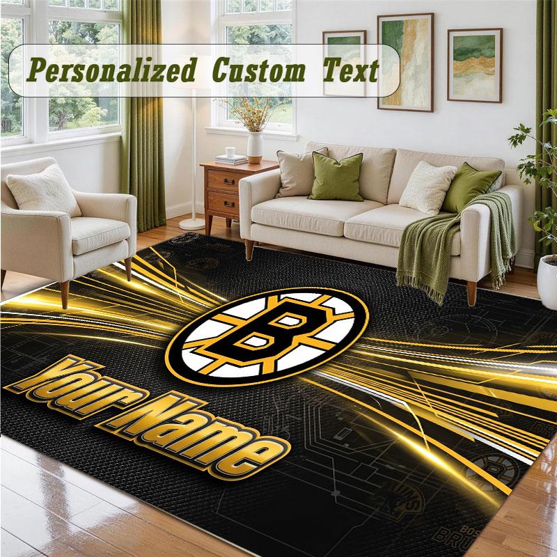 Crystal Velvet Square Rug Custom NameBoston Bruins Pattern Non Slip Home Floor Decor Rug
