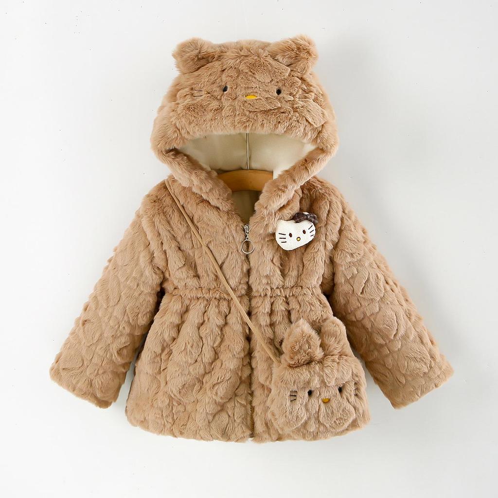 Свитер-пальто с капюшоном для девочек, с вышивкой мультяшного кота, пушистый, стеганый из искусственного меха, для осени/зимы