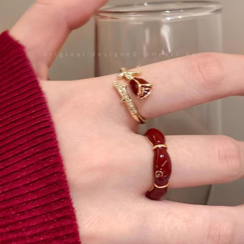 Кольцо бордового цвета с розовым цирконием для девочек 2024 года, новое белое кольцо на указательный палец, темпераментное многослойное регулируемое кольцо