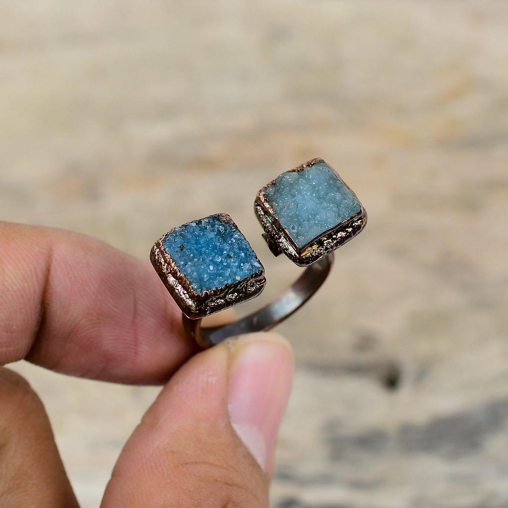 Кольцо с синими друзами, медное кольцо, изготовленное электроформованием, регулируемое кольцо, ювелирные изделия с синими друзами, кольца ручной работы с настоящими драгоценными камнями, подарок для него, ювелирные изделия, изготовленные методом гальванопластики