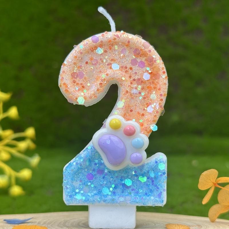 Sequin Cat Paw Dog Paw Digital Birthday Candle Cake Party Decoration First Birthday Celebration