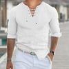Men Spring Fall Shirt Lace-up V Neck Solid Color Long Sleeves Slim Fit Retro Soft Breathable Mid
