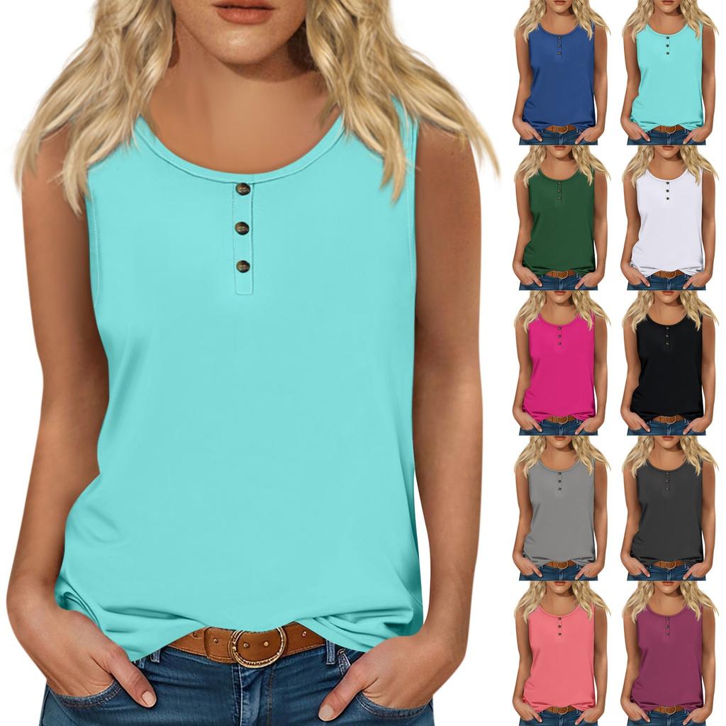 Women Summer Sleeveless Casual Solid Color O-Neck T-Shirt Tops Blouse