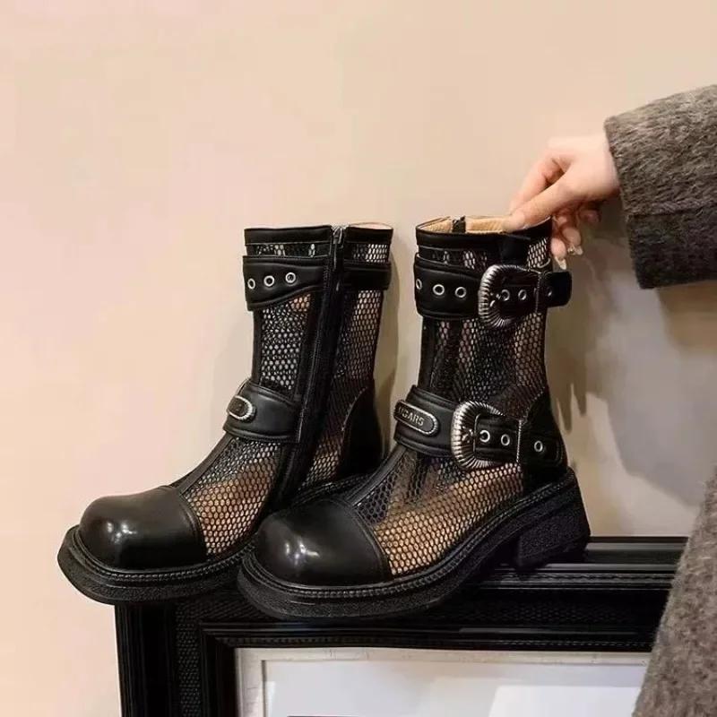 Модные женские крутые ботинки в британском стиле с сетчатой вставкой, кожаной пряжкой, дышащие, лето 2025, новинка