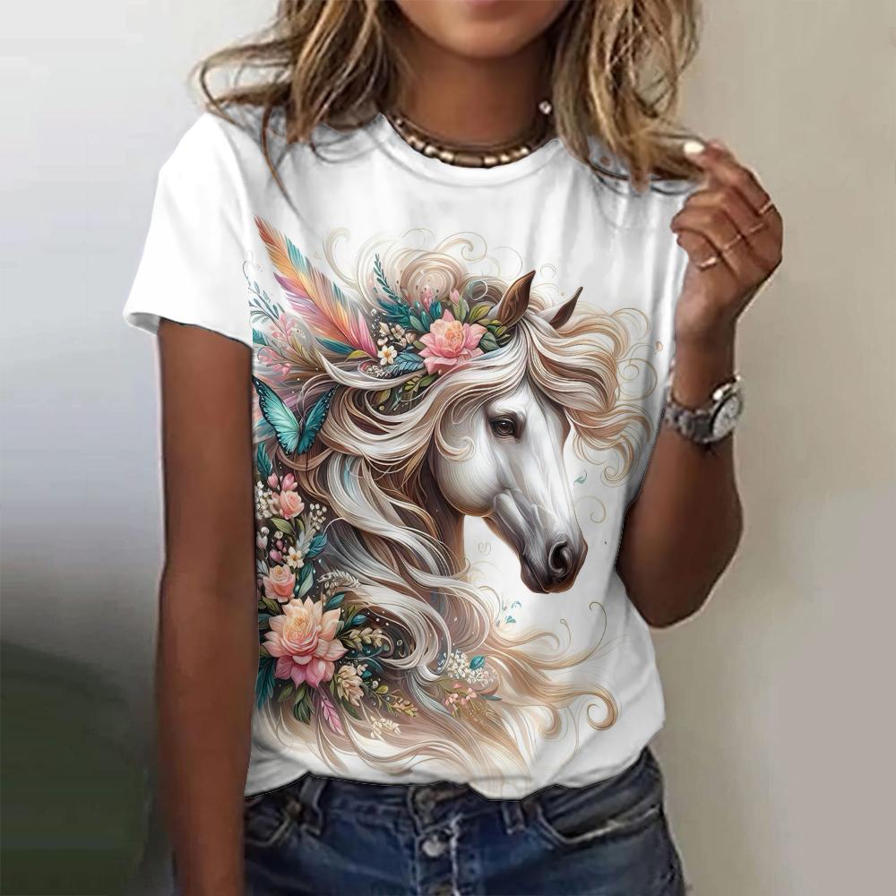 Летняя мода Лошадь 3D Принт Футболки Женская уличная одежда Harajuku Повседневная Y2k Футболка с коротким рукавом Футболки с круглым вырезом Топы Одежда