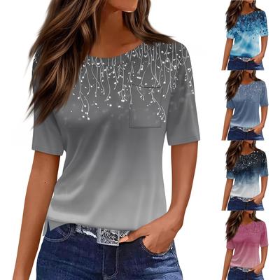 Футболки для женщин с круглым вырезом, нарядные повседневные блузки с принтом, короткие рукава, летние топы свободного кроя