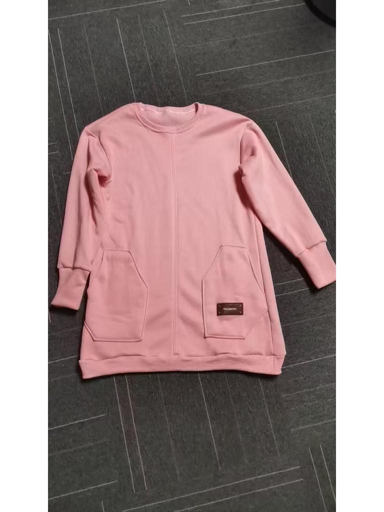 2024 Осень Однотонное Свободное Вязаное Повседневное Платье-Свитшот с Длинным Рукавом