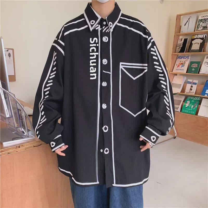 Весенняя мужская рубашка свободного кроя с длинным рукавом в гонконгском стиле Graffiti Line
