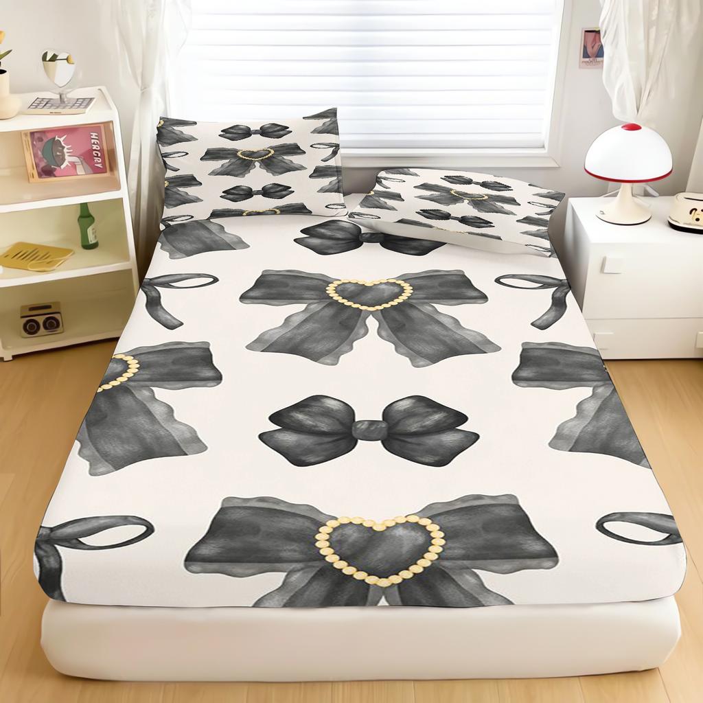 Romantic Bow Fitted Sheet Cute and Pillowcase, Pink 3D Bedding Set, 100% Microfibre, 135 x 200 cm, for Boys and Girls