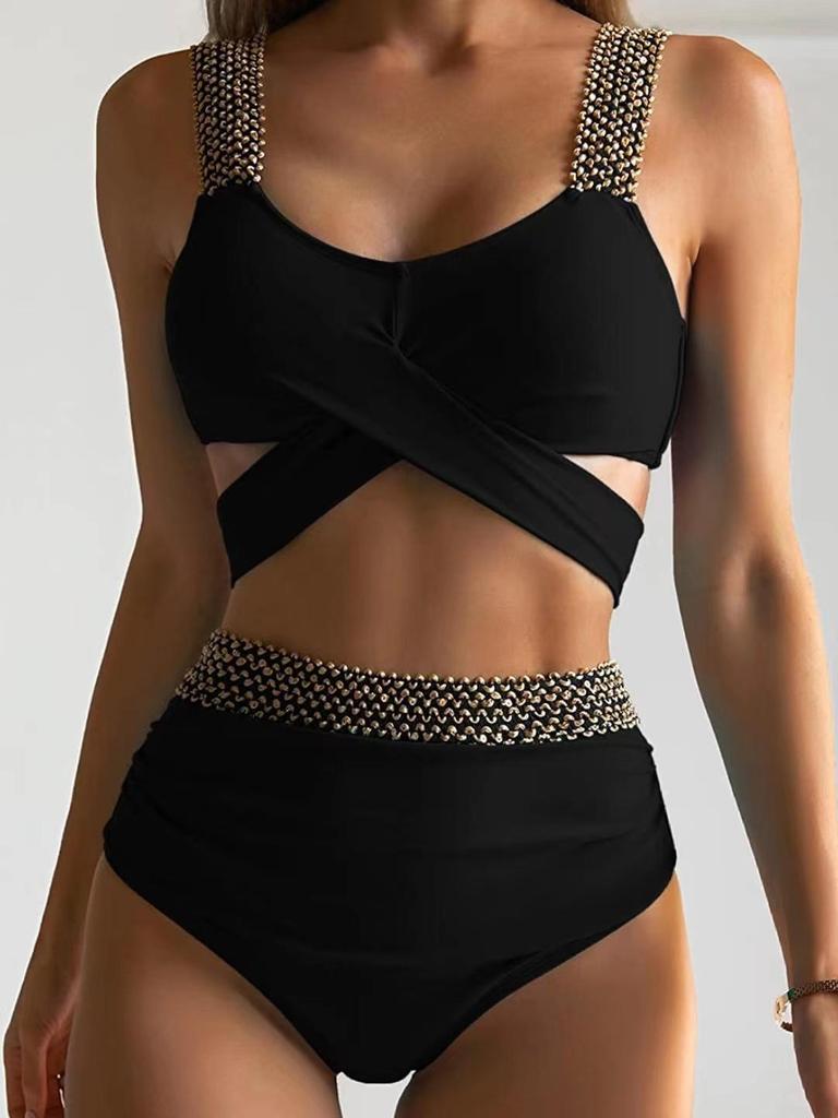 Бикини с высокой талией и леопардовым принтом 2023 года, пайетками и золотой резинкой