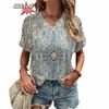 Женская футболка в стиле Харадзюку в стиле бохо, летние повседневные топы с графическим принтом и короткими рукавами, уличная модная футболка с v-образным вырезом, женская одежда
