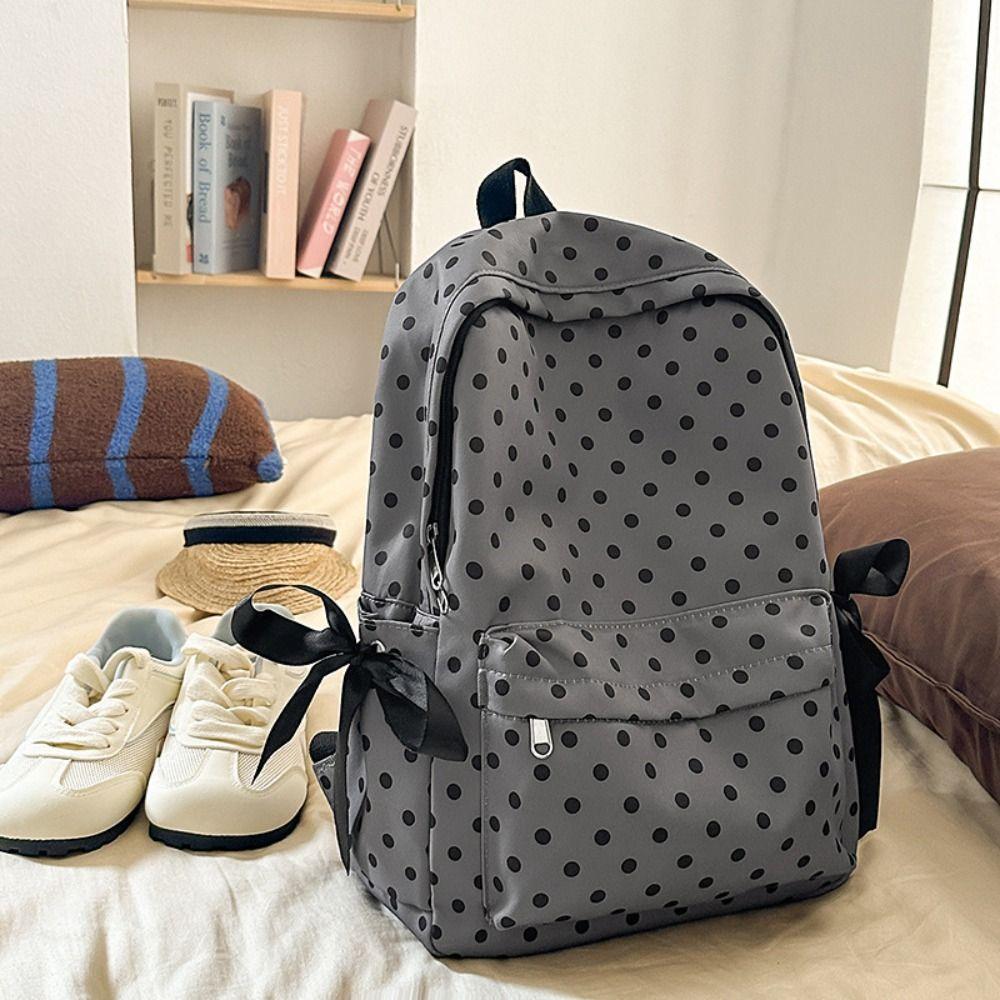 Minimalist Polka Dot Backpack Sweet Student School Bag Y2k Bow Rucksack Daily