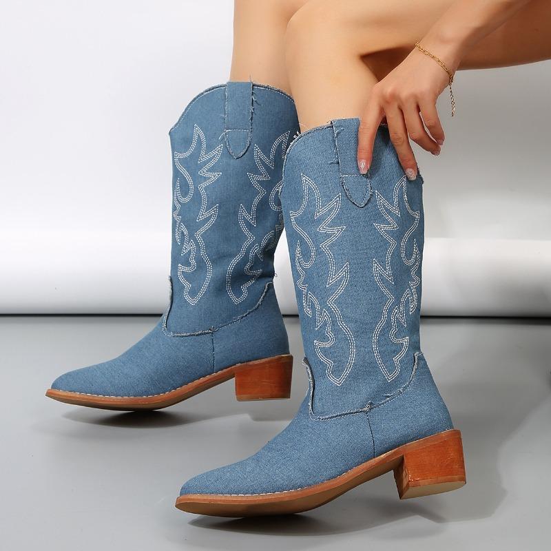 2024 Горячая Распродажа Женские Ботинки Зимние Ботинки с Острым Носом Джинсовые Высокие Ботинки на Массивном Каблуке Большого Размера в Вестерн