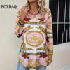 Элегантная женская рубашка Модный colour blocking 3D-печать Воротник на пуговицах Осенние блузки Повседневный женский топ с длинным рукавом
