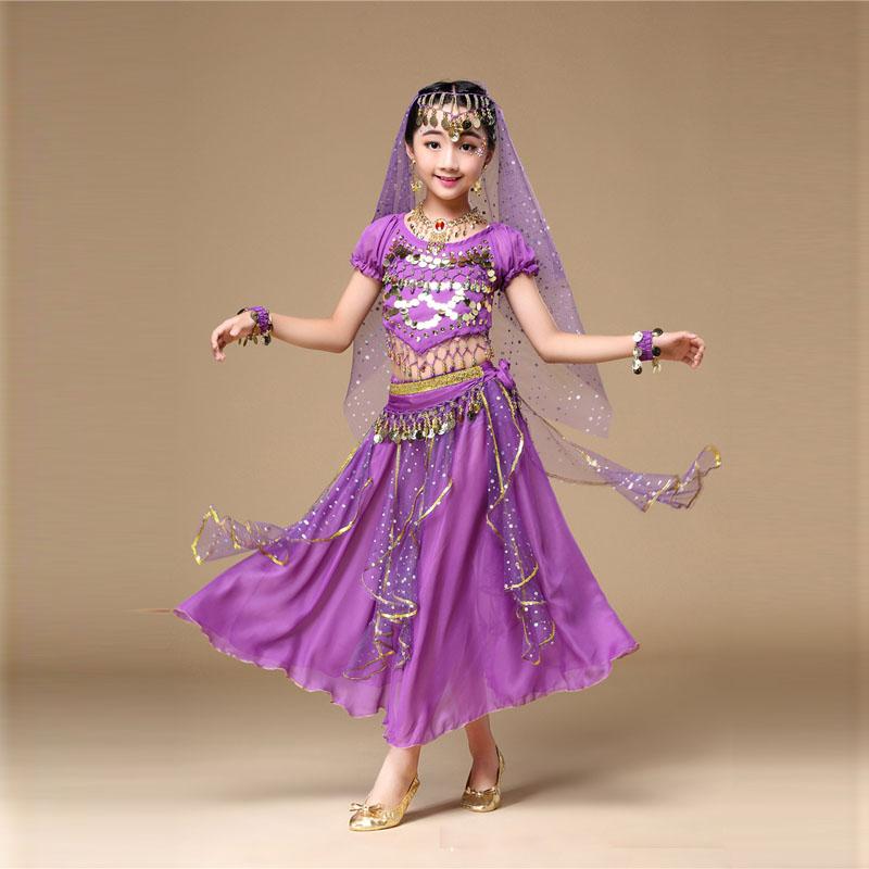 Girl Kids Tulle Indian Belly Dance Clothing Children Performance Costume Tops+Skirt 2pcs Dance Set