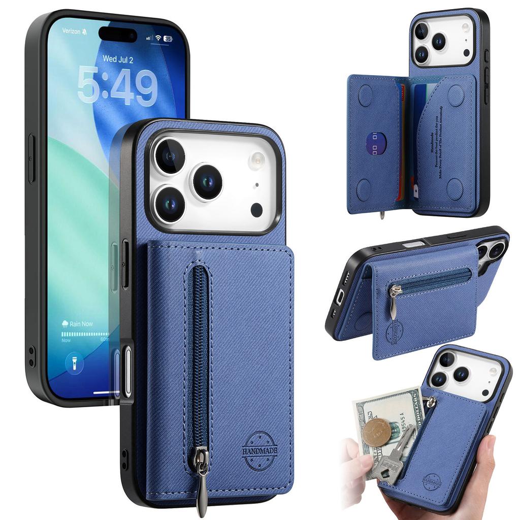 Чехол для iPhone 17 Pro Max с молнией, держателем для карт, подставкой, текстурой джинсовой ткани, кожаной задней крышкой