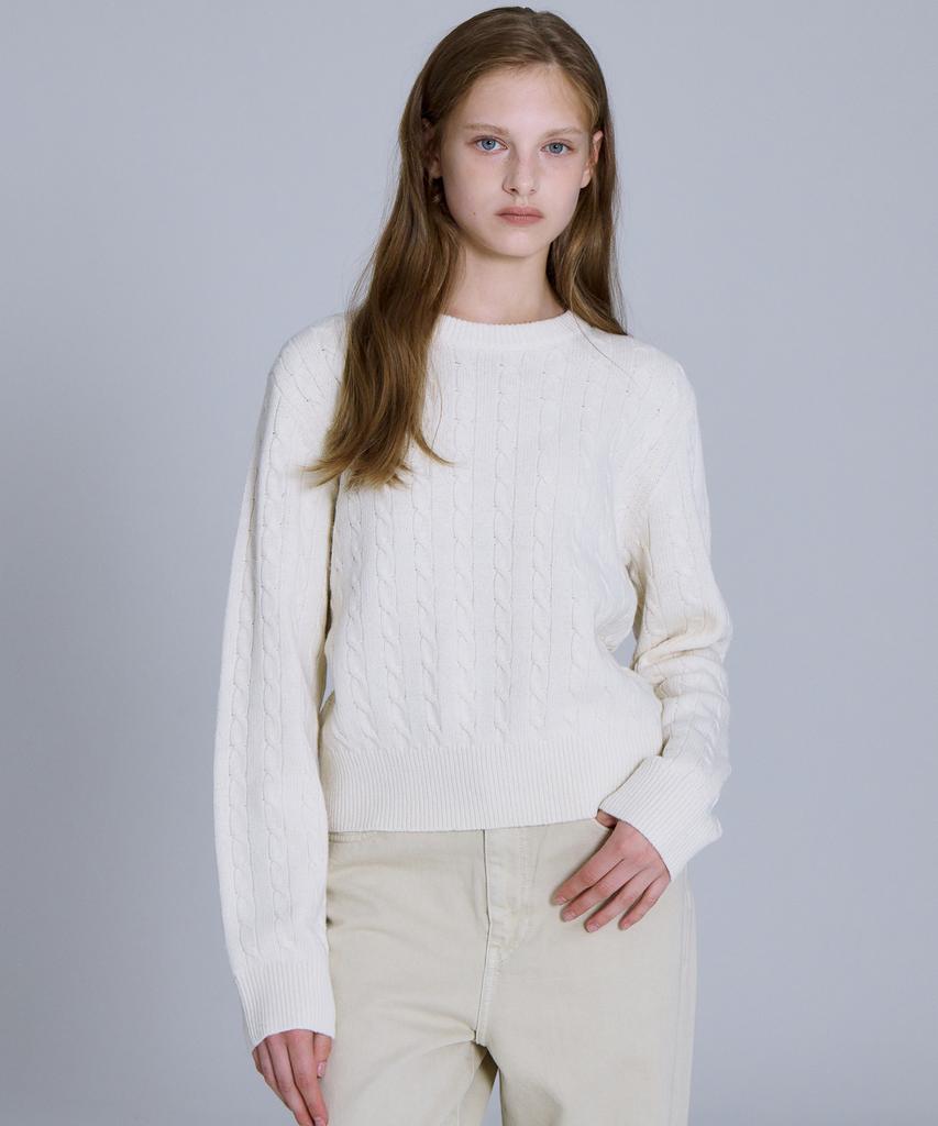 BASIC HOUSE Women'S Cable Round Neck Crop Knit Oatmeal Lykt7201