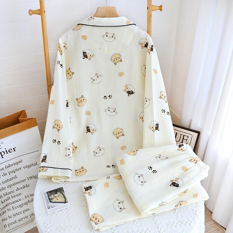 Весна/лето Женская пижама с длинным рукавом 2 предмета 100% хлопок креп пижама милый принт кота милая домашняя одежда одежда для сна