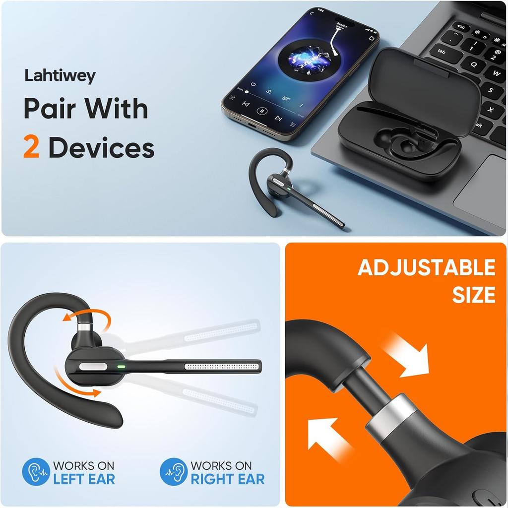 Bluetooth Headset with Noise-Cancelling Mic,Bluetooth Single-Ear (Monaural) Headset,Wireless Earpiece with LED Charging Case