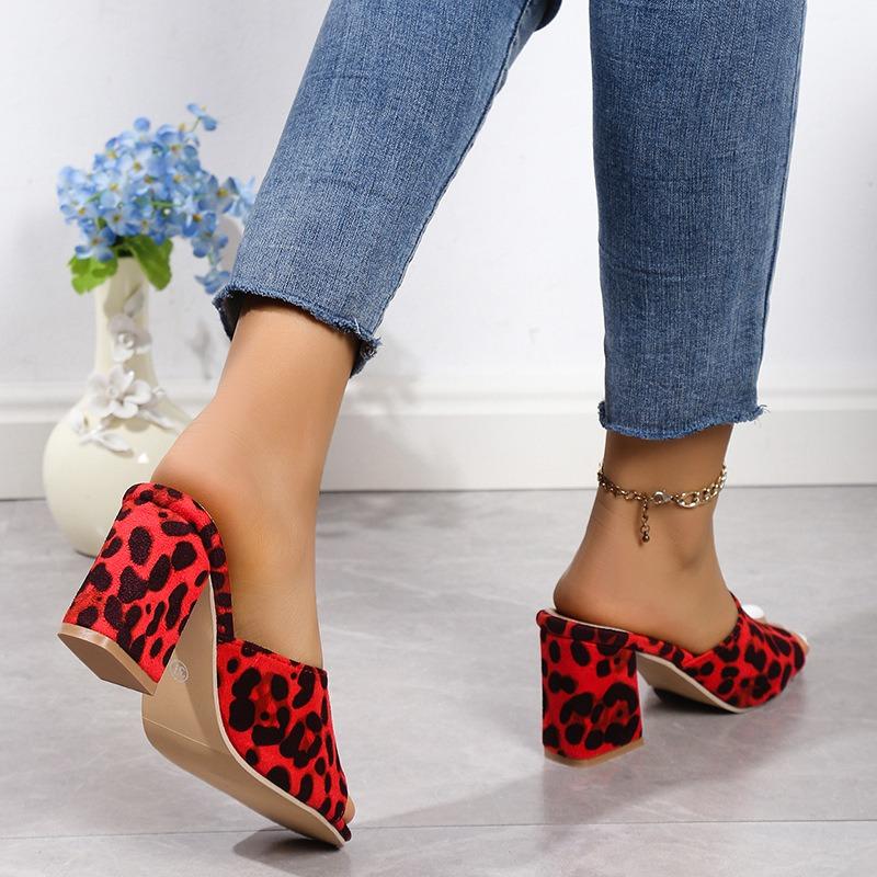 Леопардовые тапочки на высоком каблуке женские квадратные тапочки One Word Cool