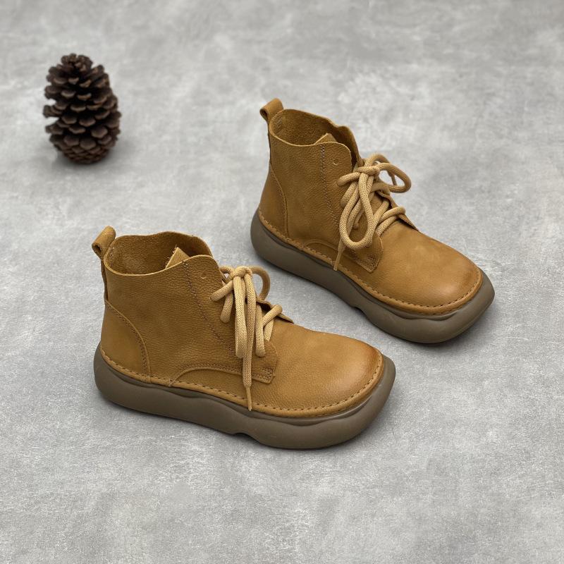 Johnature Ретро-ботинки из натуральной кожи, короткие, с широким носком, со шнуровкой, из коровьей кожи, с мягкой подошвой, женские ботинки